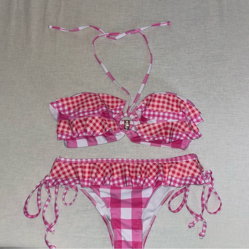 Vibrant Pink Gingham Bikini with Ruffles